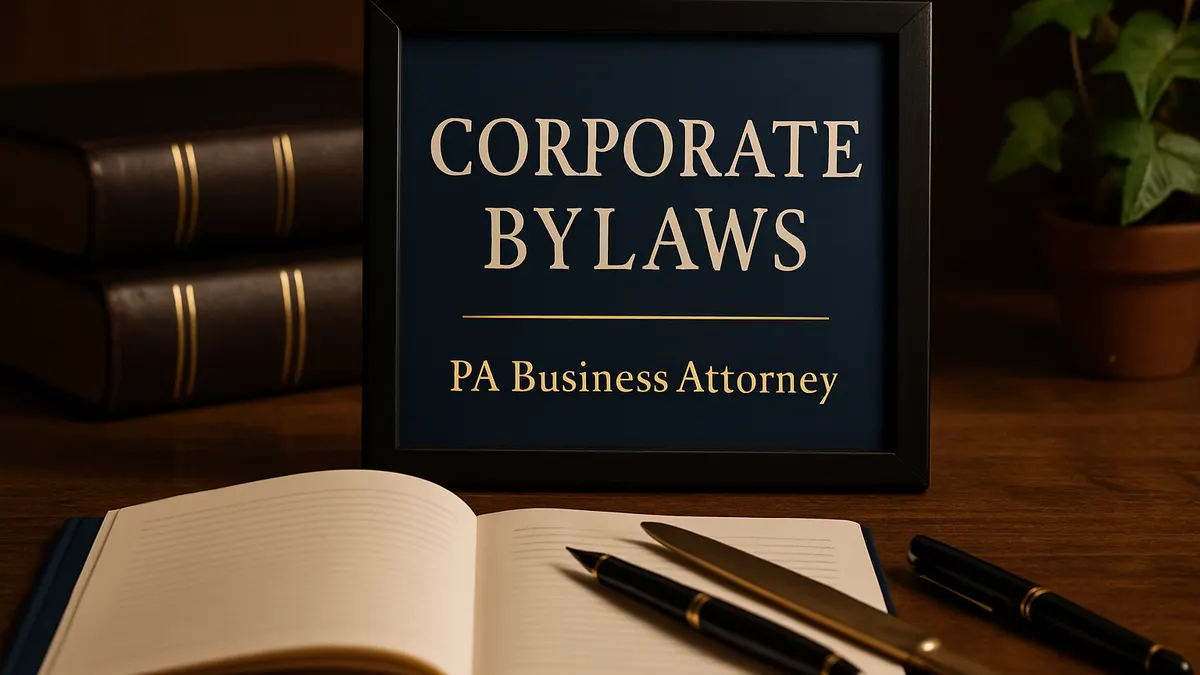 Framed sign reading Corporate Bylaws beside an open bound document