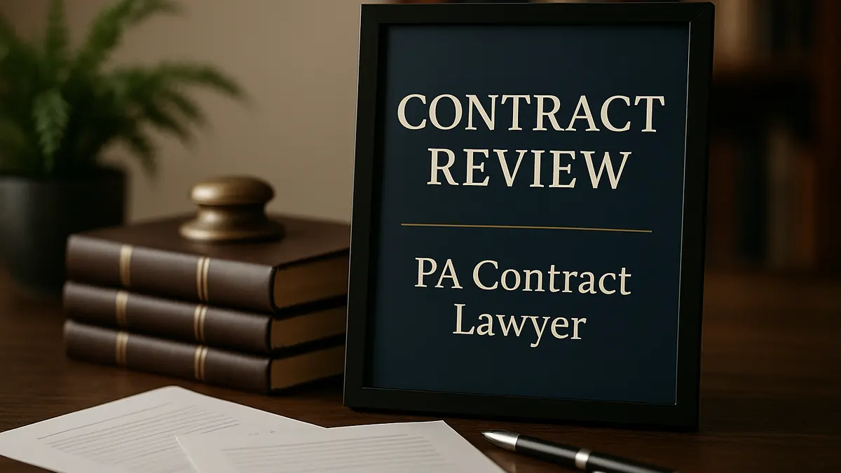 Framed sign reading Contract Review beside two document sets