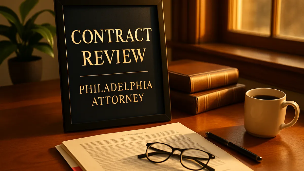 Framed sign reading Contract Review on a Philadelphia attorney desk