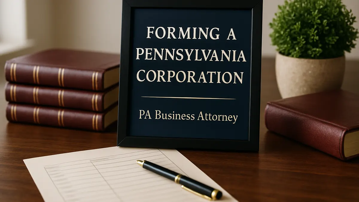 Framed sign reading Forming a Pennsylvania Corporation on an attorney desk