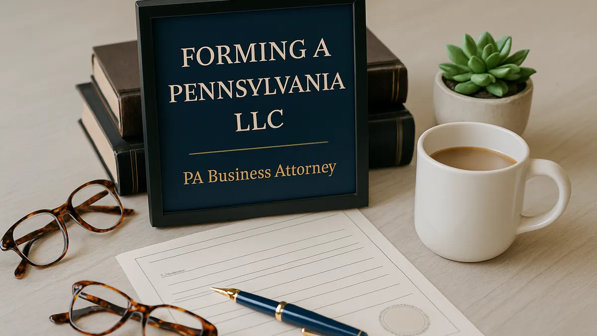 Framed sign reading Forming a Pennsylvania LLC beside formation paperwork