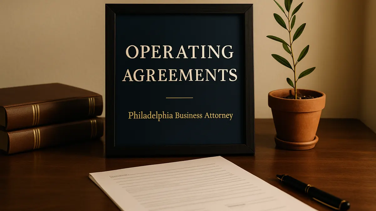 Framed sign reading Operating Agreements on a Philadelphia attorney desk