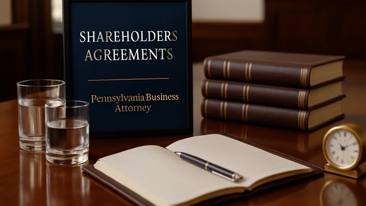 Framed sign reading Shareholders Agreements on a conference table
