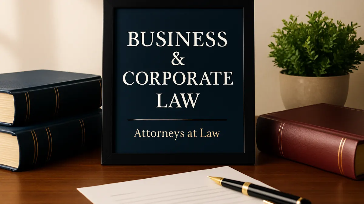 Framed sign reading Business and Corporate Law on an attorney desk