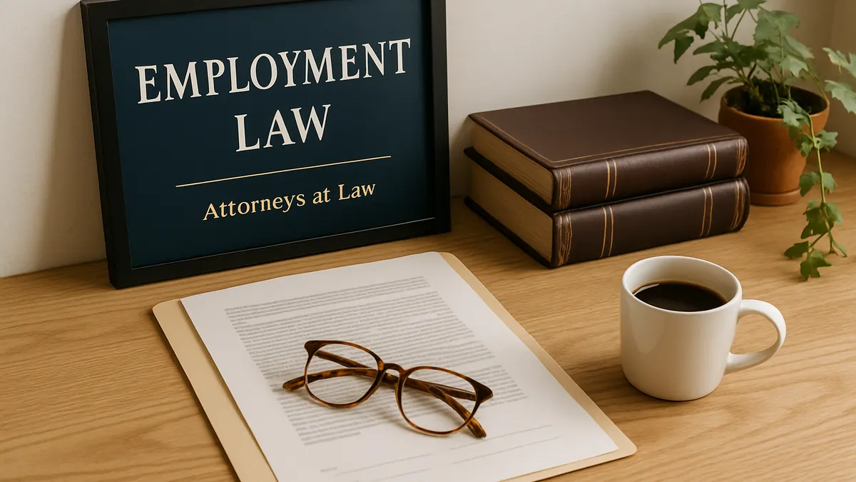 Framed sign reading Employment Law beside an employment agreement