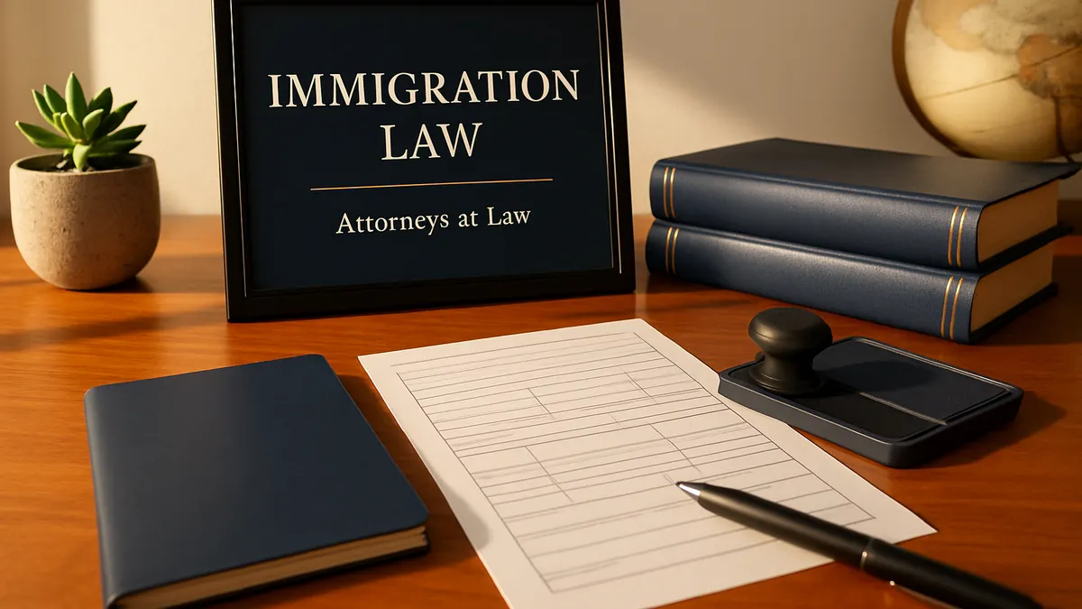Framed sign reading Immigration Law beside a passport and application form