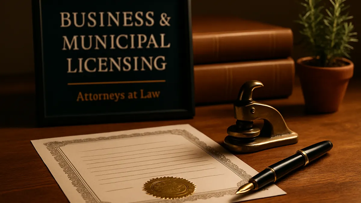 Framed sign reading Business and Municipal Licensing beside a sealed certificate