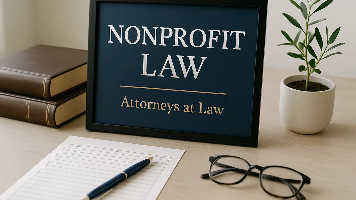 Framed sign reading Nonprofit Law beside incorporation paperwork