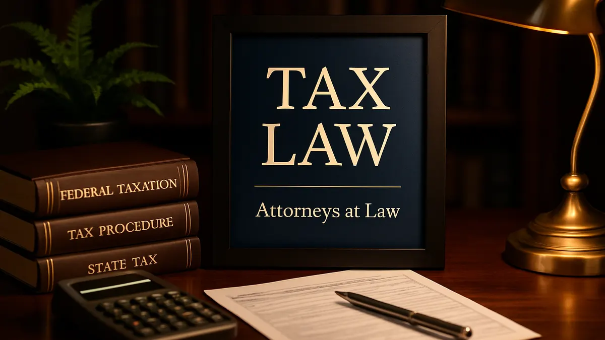 Framed sign reading Tax Law on a desk with tax volumes and a calculator