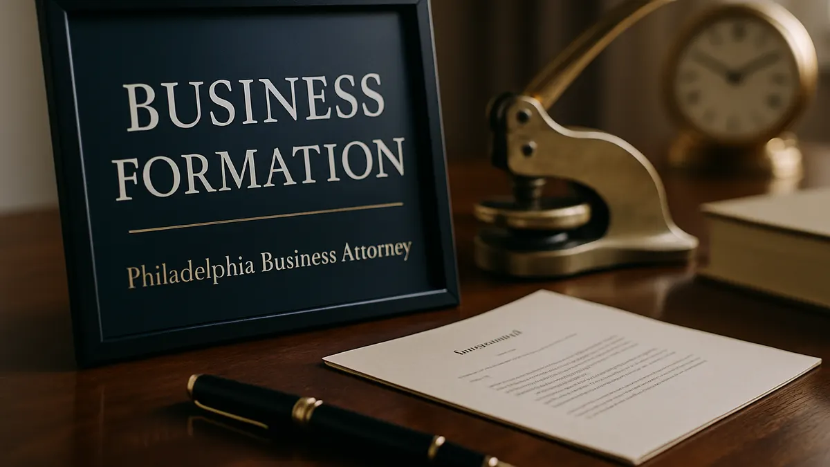 Framed sign reading Business Formation beside formation paperwork and a pen