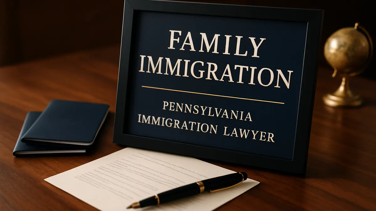 Framed sign reading Family Immigration in Pennsylvania beside a U.S. flag and documents