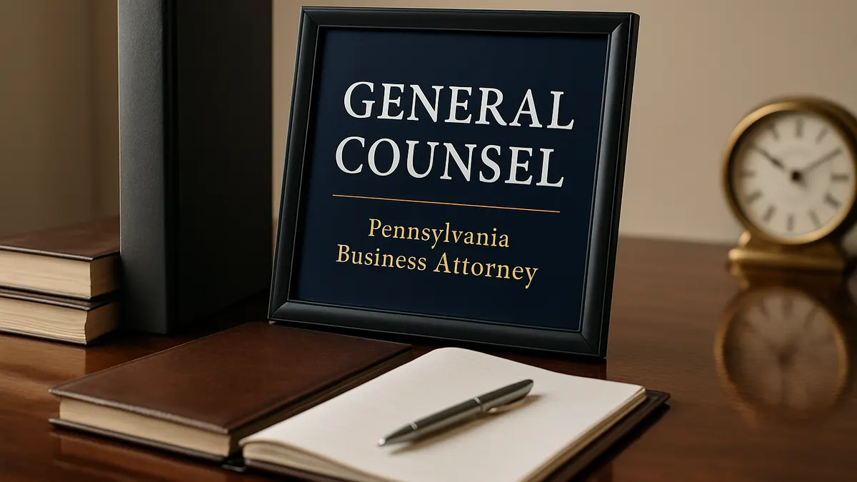 Framed sign reading Outside General Counsel beside law books and a laptop