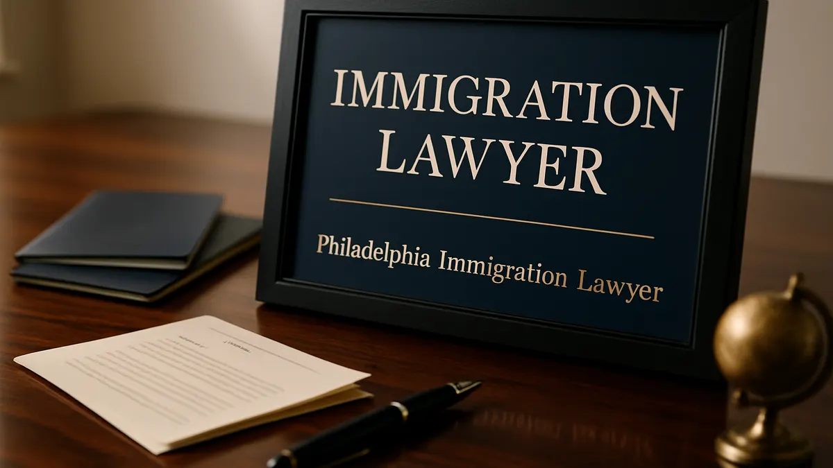 Framed sign reading Philadelphia Immigration Lawyer beside a U.S. flag and law books