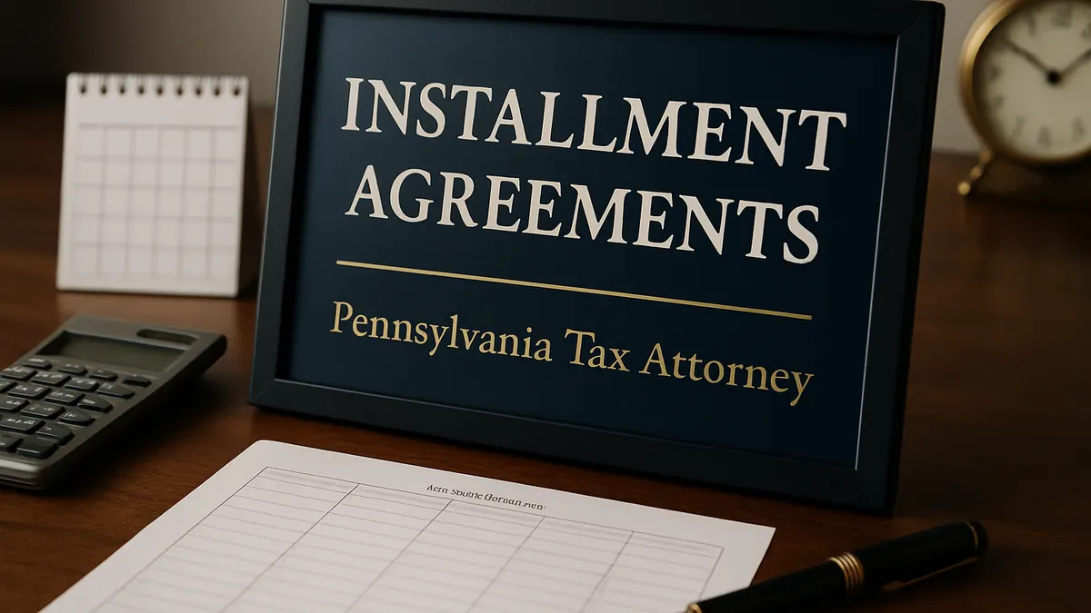 Framed sign reading IRS Installment Agreements beside a payment schedule and calculator
