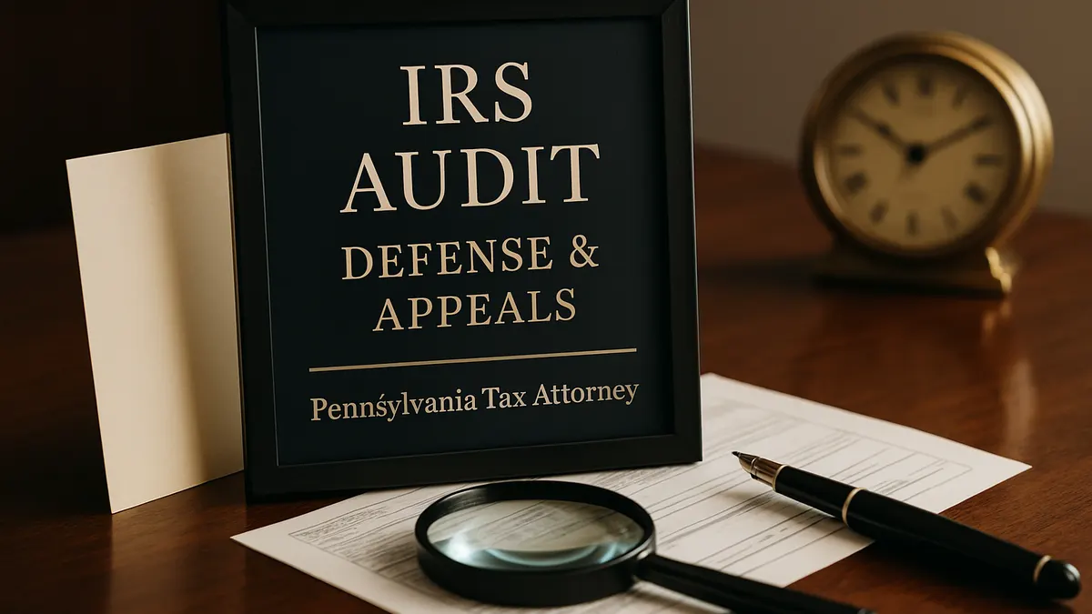 Framed sign reading IRS Audit Defense and Appeals beside tax documents and a gavel