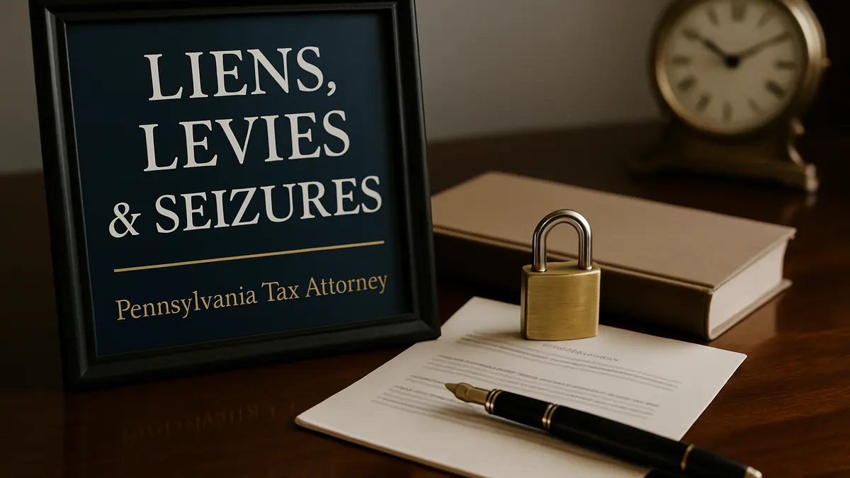 Framed sign reading IRS Liens, Levies and Seizures beside an enforcement notice and gavel