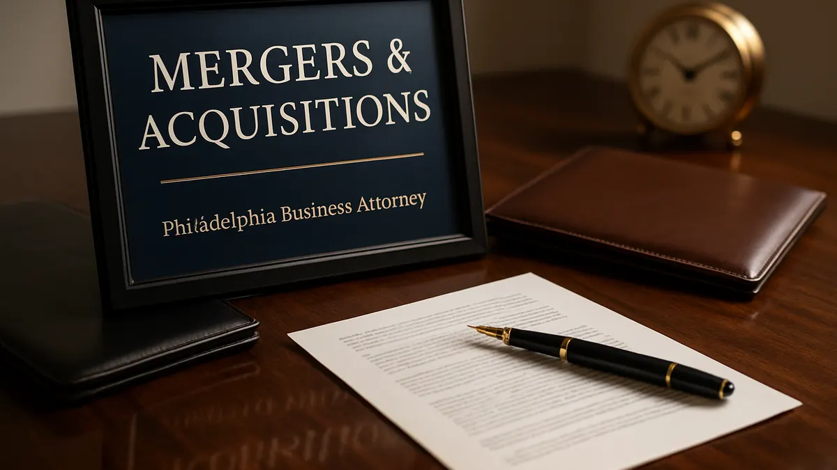 Framed sign reading Mergers and Acquisitions beside a gavel and deal documents