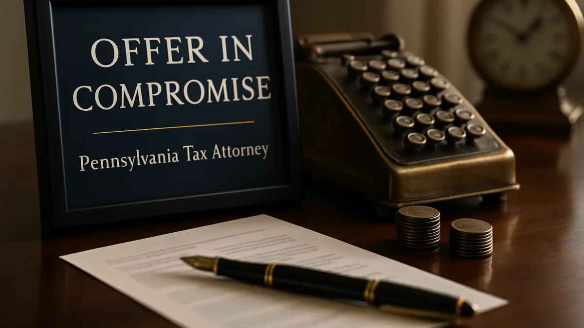 Framed sign reading Offer in Compromise beside financial documents and a calculator