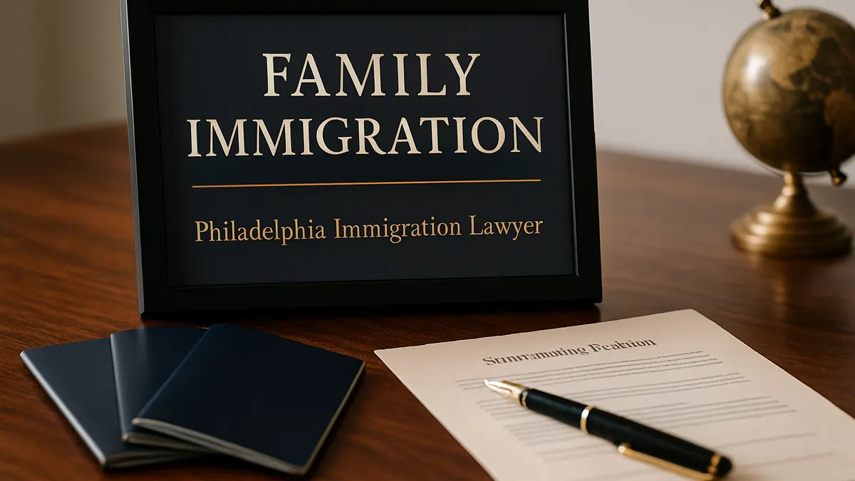 Framed sign reading Family-Based Immigration beside a U.S. flag and family photos