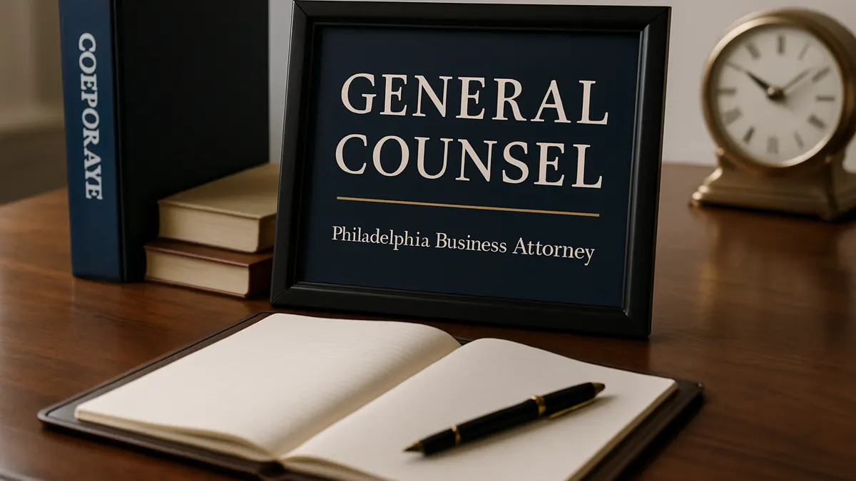Framed sign reading Philadelphia General Counsel beside law books and city permits