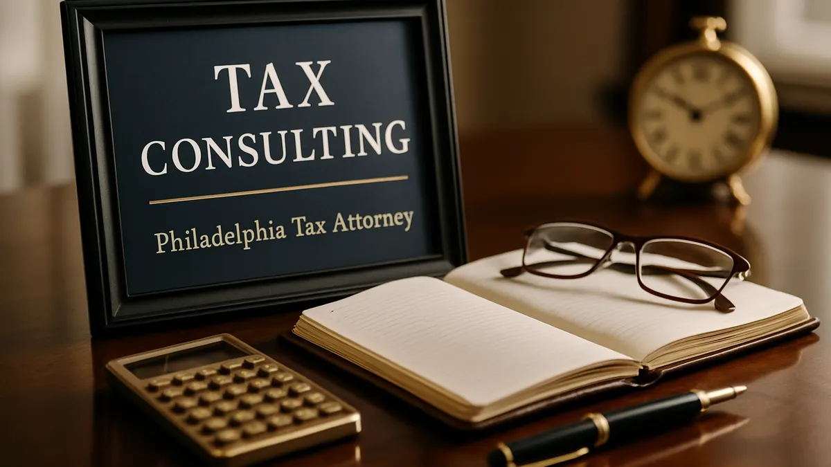 Framed sign reading Philadelphia Tax Consulting beside the city skyline and legal documents