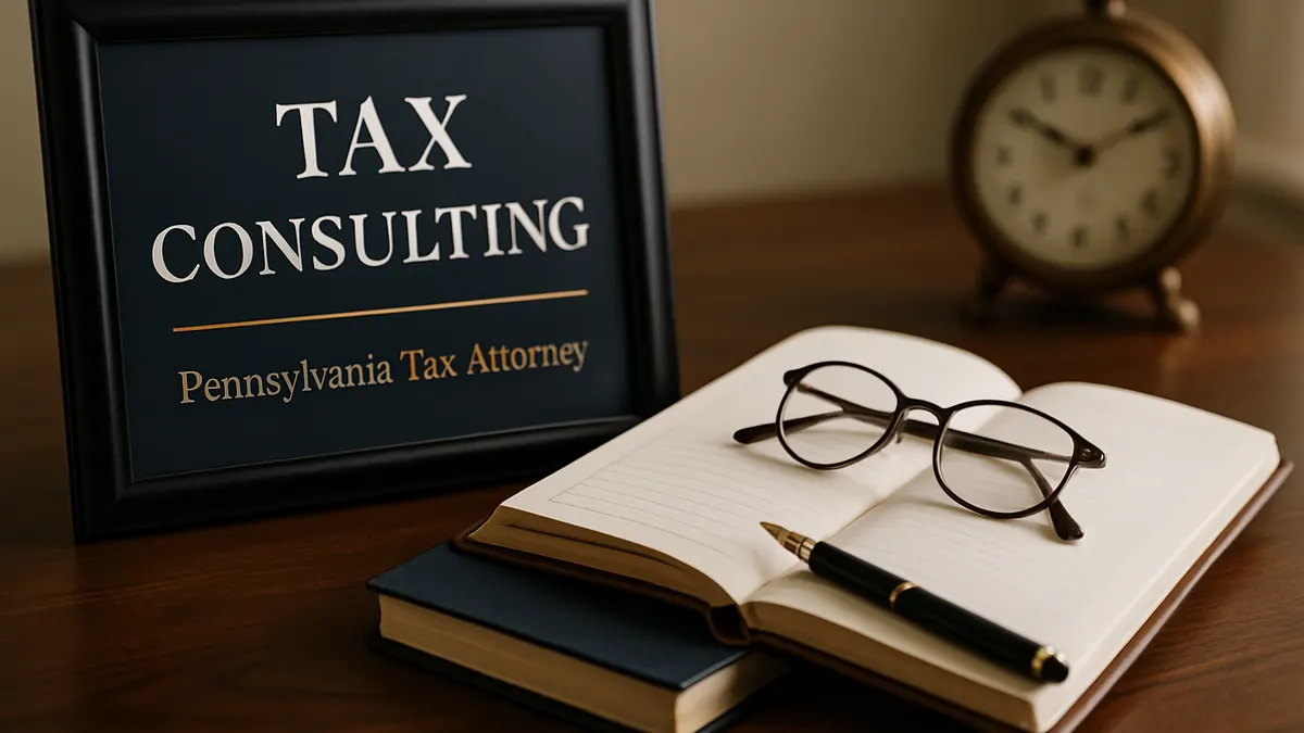 Framed sign reading Tax Consulting beside a calculator and legal documents
