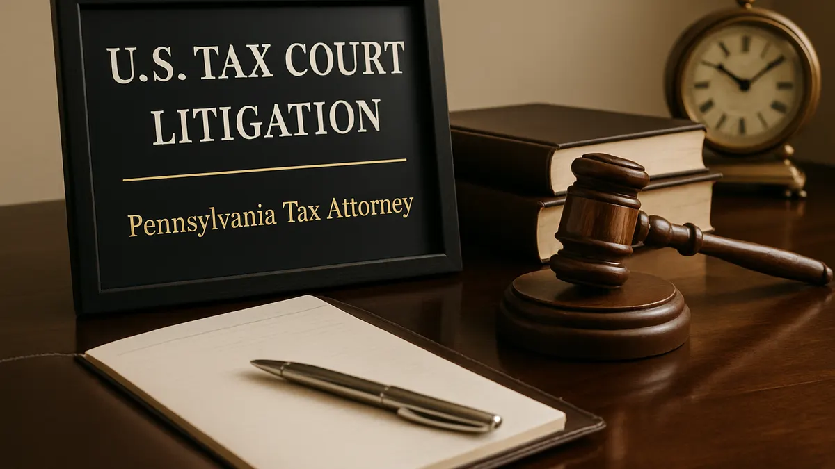 Framed sign reading U.S. Tax Court Litigation beside a gavel and law books