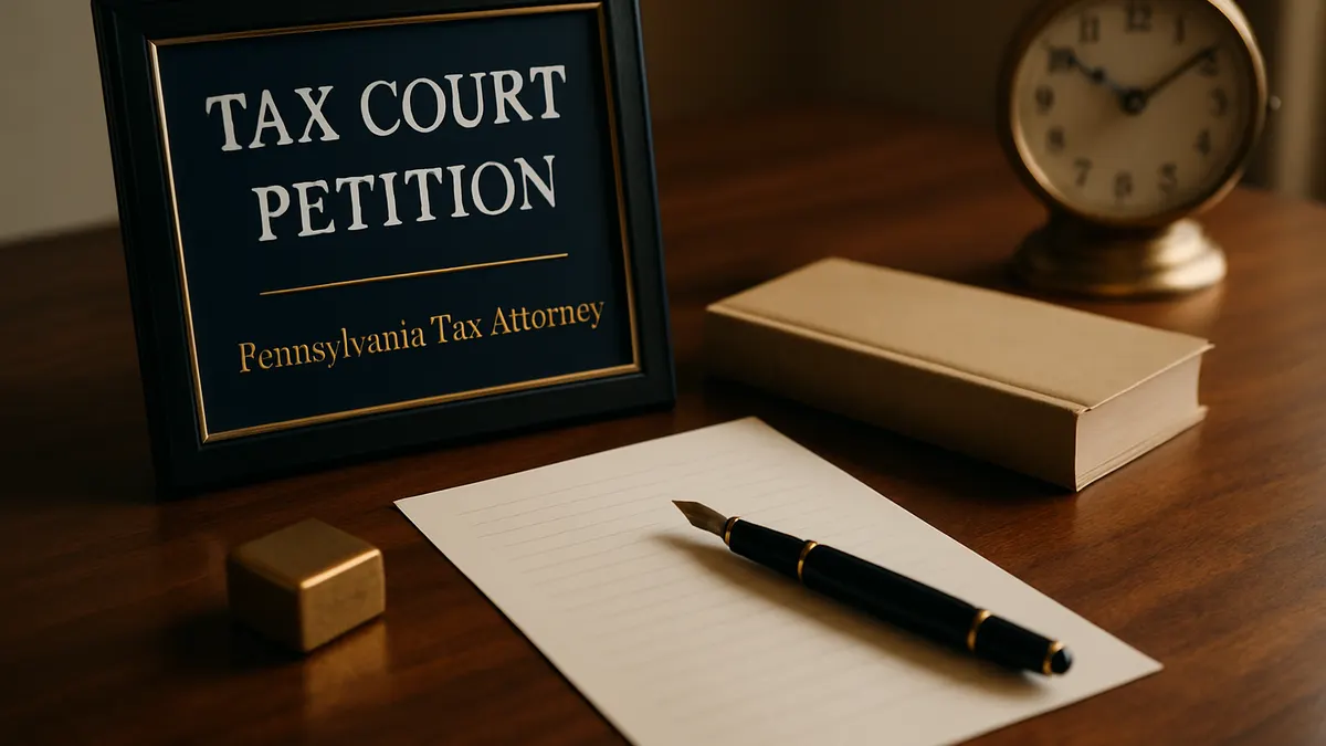Framed sign reading Tax Court Petition beside an IRS notice and law books