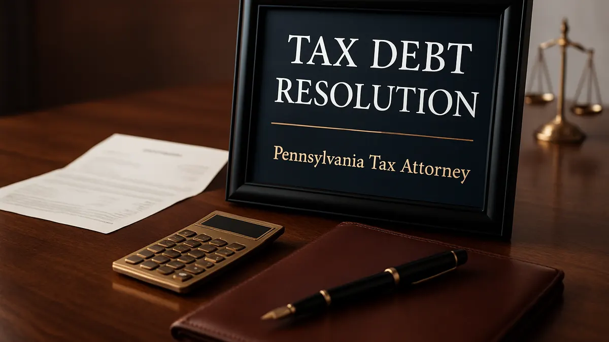Framed sign reading Tax Debt Resolution beside IRS notices and law books