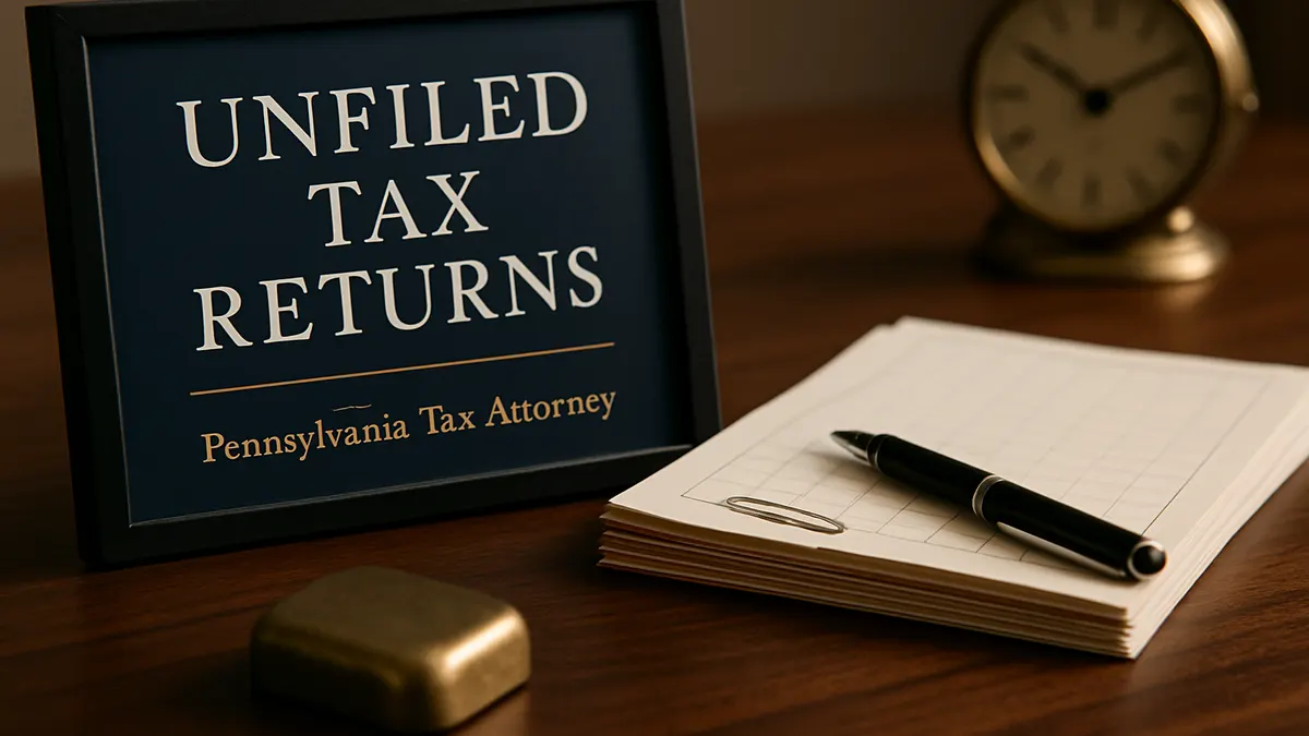 Framed sign reading Unfiled Tax Returns beside a stack of overdue tax forms